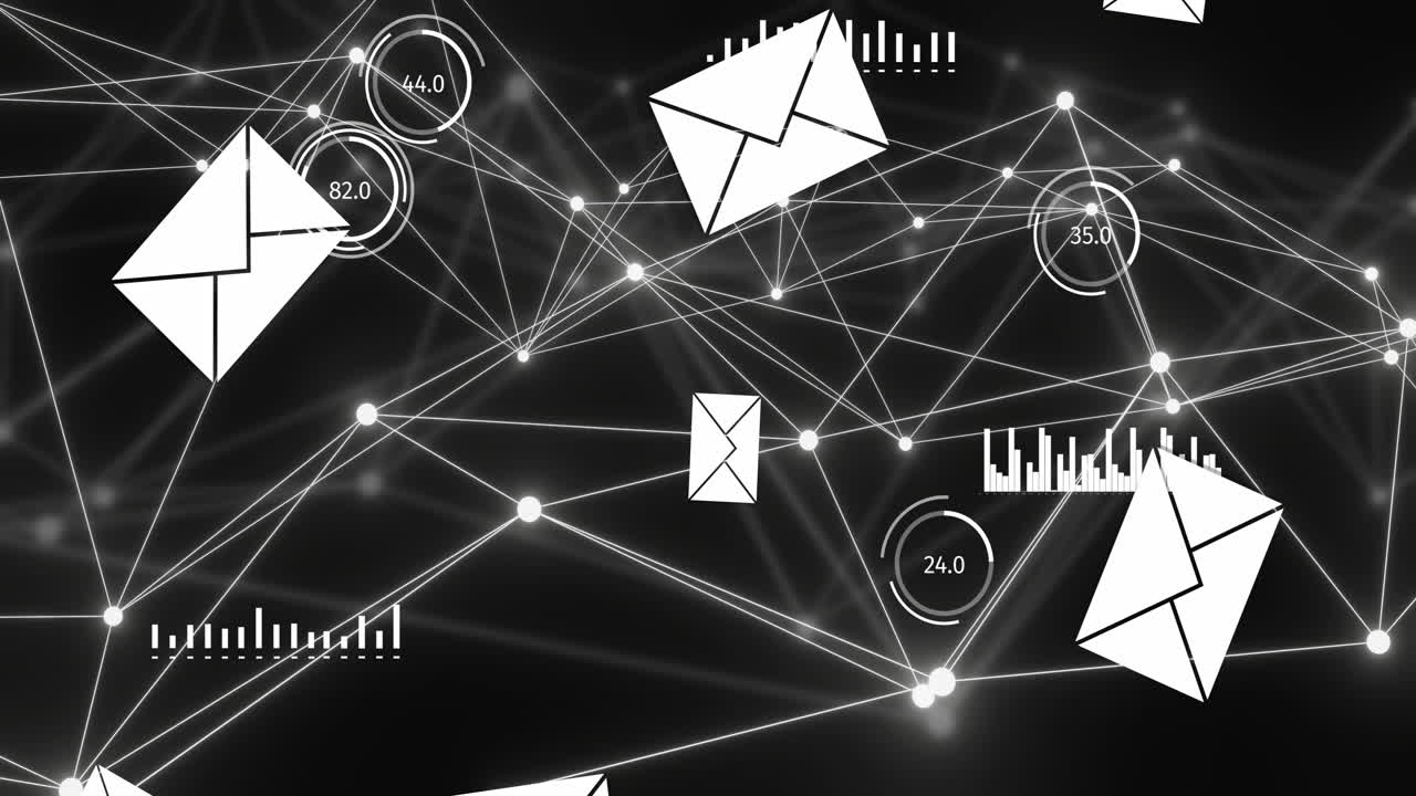 블랙 배경 위에 연결 네트워크와 디지털 아이콘의 애니메이션