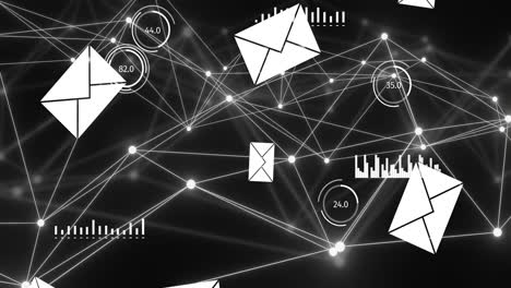Animation of network of connections and digital icons over black background