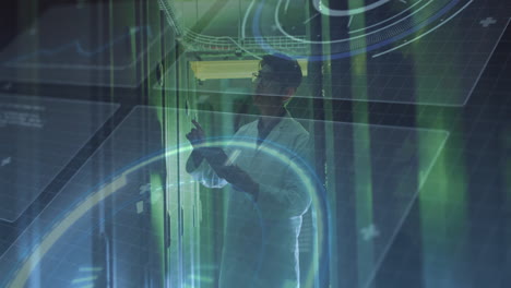 data center engineer inspecting server racks with tablet, featuring floating tech network graphics
