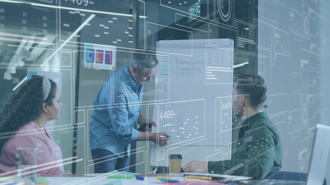 Presenter starting by writing graph on flip chart, causing AR overlay highlighting business metrics