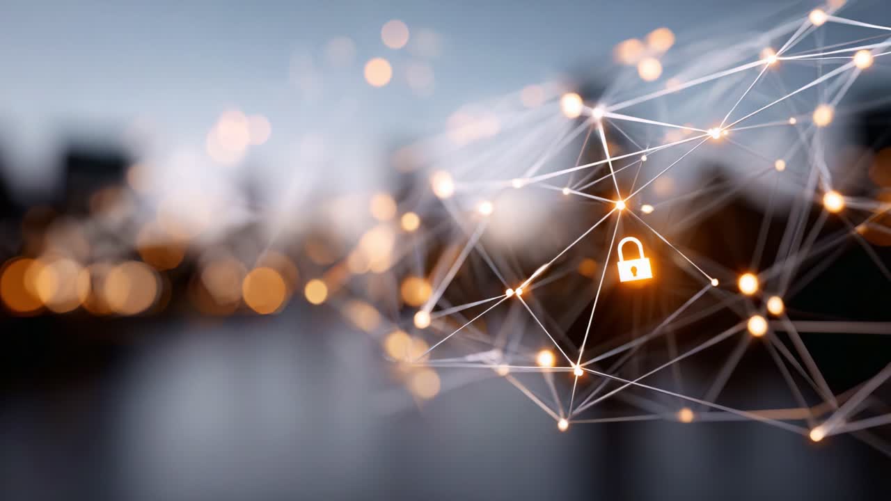 A Visual Representation of Cybersecurity, Featuring a Secure Lock Symbol Incorporated into a Network of Interconnected Lights and Digital Connections