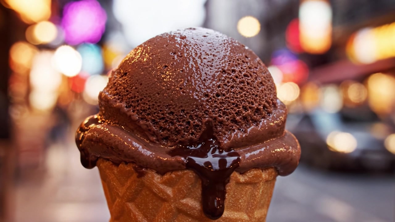 Cono gelato al cioccolato deliziosamente indulgente immortalato in una vivace scena cittadina con salsa che si scioglie e luci bokeh colorate che ne aumentano l'attrattiva.
