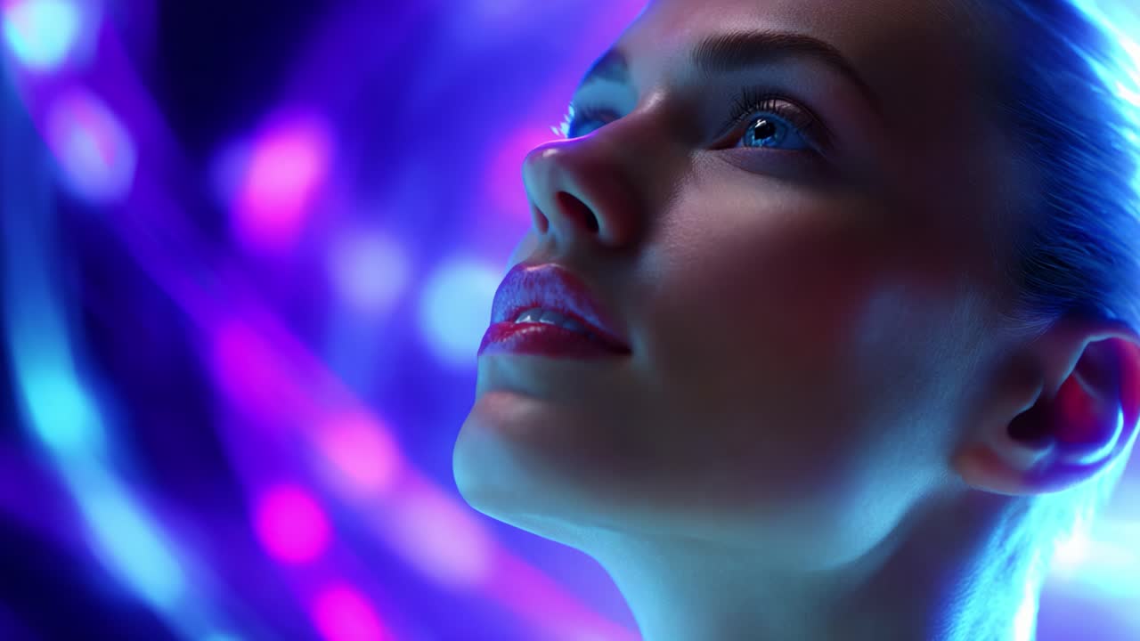 A captivating close-up portrait of a woman gazing upwards, illuminated by vibrant multicolored lights that create an ethereal and mesmerizing atmosphere, highlighting the beauty and intrigue of her expression