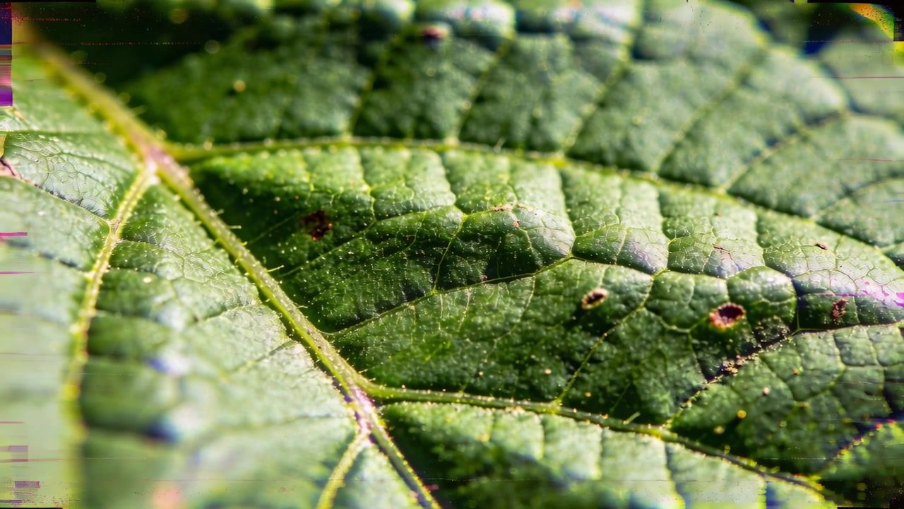 Kamera bergerak maju dan memfokuskan ulang, daun hijau menunjukkan tulang daun dan lubang, artefak, taman