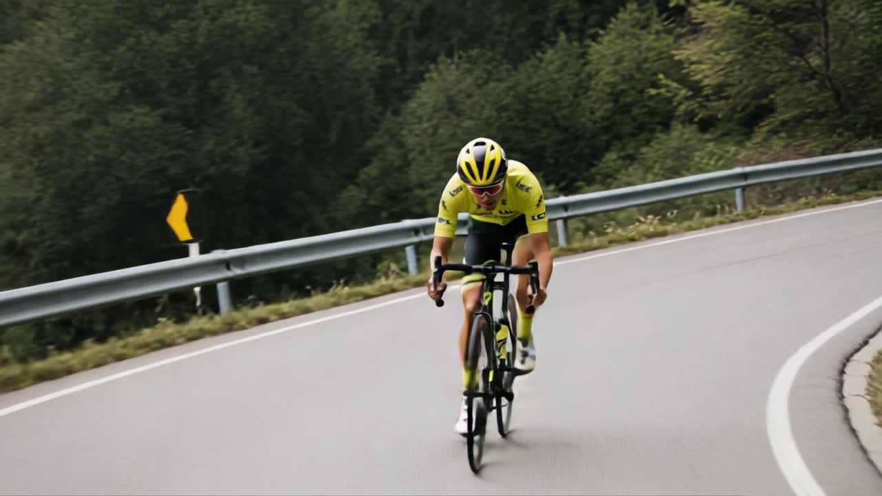 Dynamic Cyclist Navigating a Curved Road with Precision and Speed, Showcasing Skills in Road Cycling and Athleticism in an Outdoor Environment