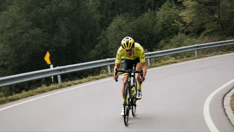 dynamic cyclist navigating a curved road with precision and speed, showcasing skills in road cycling and athleticism in an outdoor environment