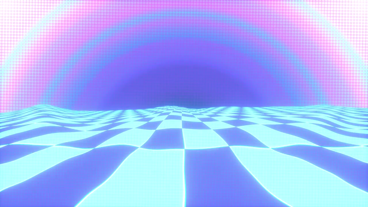 Cielo sfumato blu-viola in stile Vaporwave con animazione di pavimento a scacchi blu e bianco, sfondo in loop.