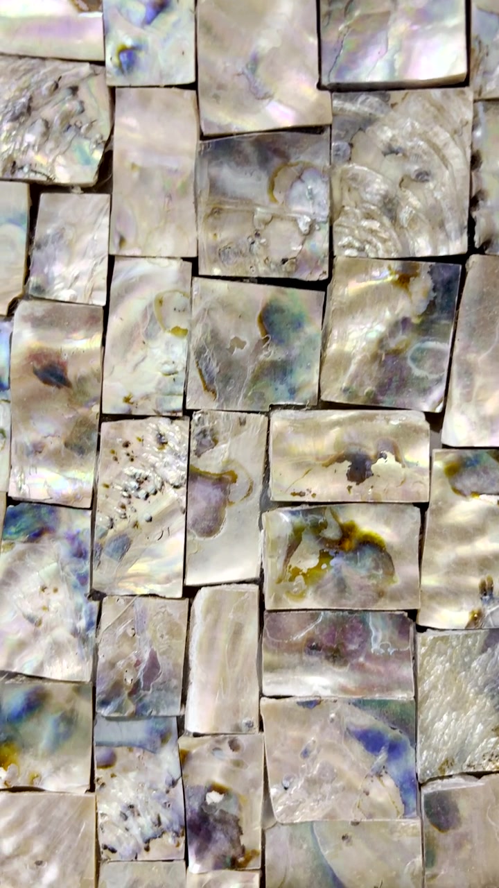 Pezzi tagliati di madreperla (nacre) disposti a motivo in un'opera d'arte, primo piano.