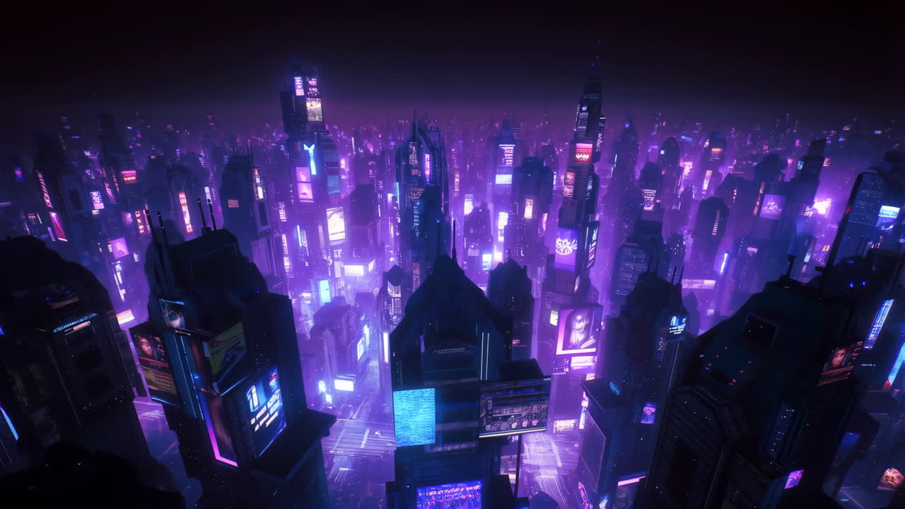 Futuristic Cyberpunk Cityscape at Night with Neon Lights