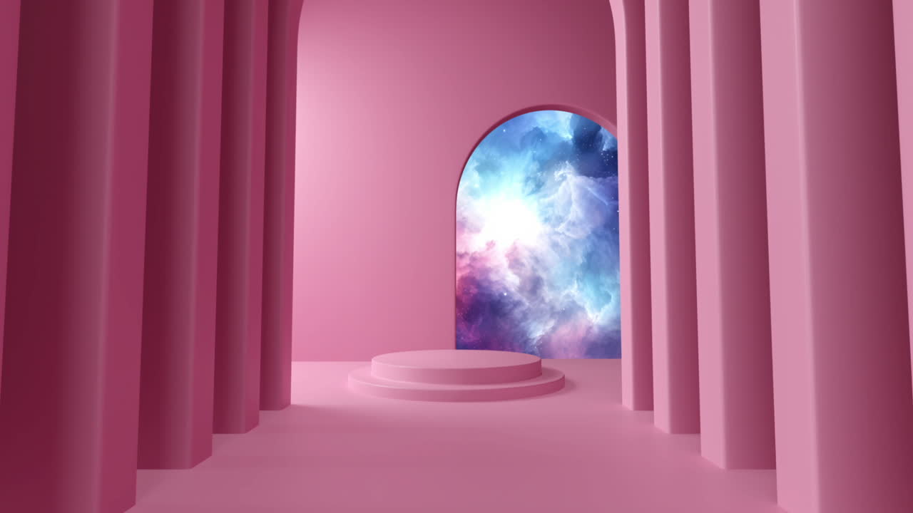 animación de corredor rosa con puerta y nubes con espacio de copia en fondo rosa