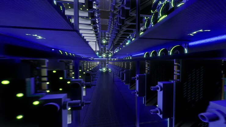 Animazione 3D di attrezzature per il mining su rack di supporto che estraggono criptovaluta in un container d'acciaio. Datacenter con circuiti integrati specifici per applicazioni (ASIC) per la tecnologia blockchain. Luci della sala server