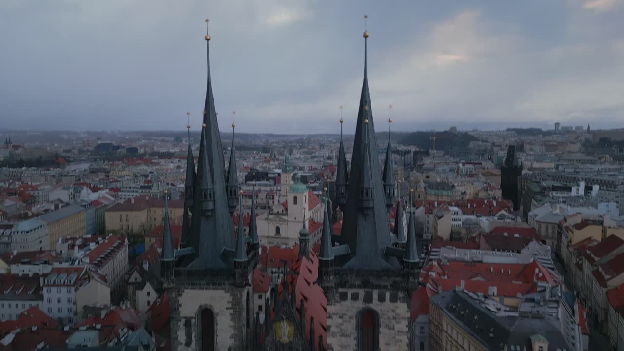 Between the spires of Prague's landmark church in the Old Town Hall