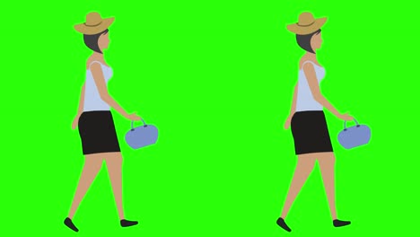 women walking cycle seamless loop , face mask version, green screen chroma key animation, flat design