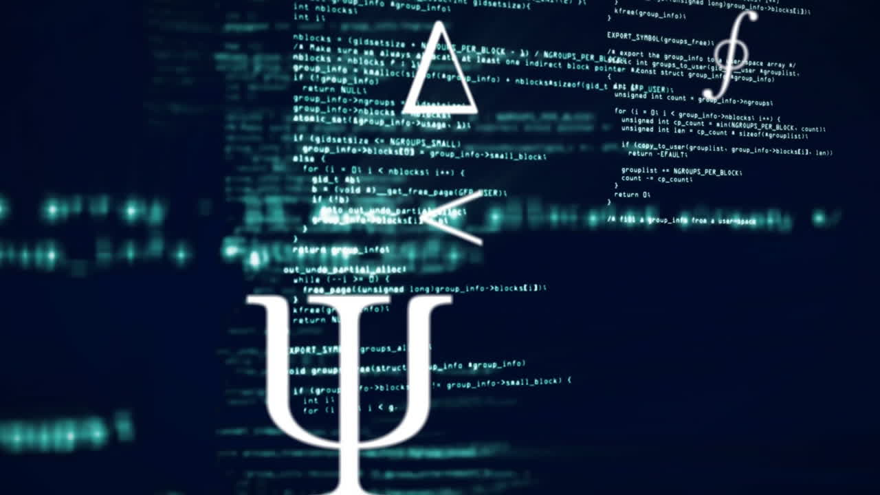 Greek letters and mathematical symbols over digital code animation