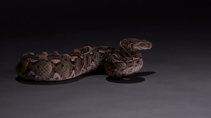 Puff Adder Snake becoming defensive - wide shot isolated on grey background