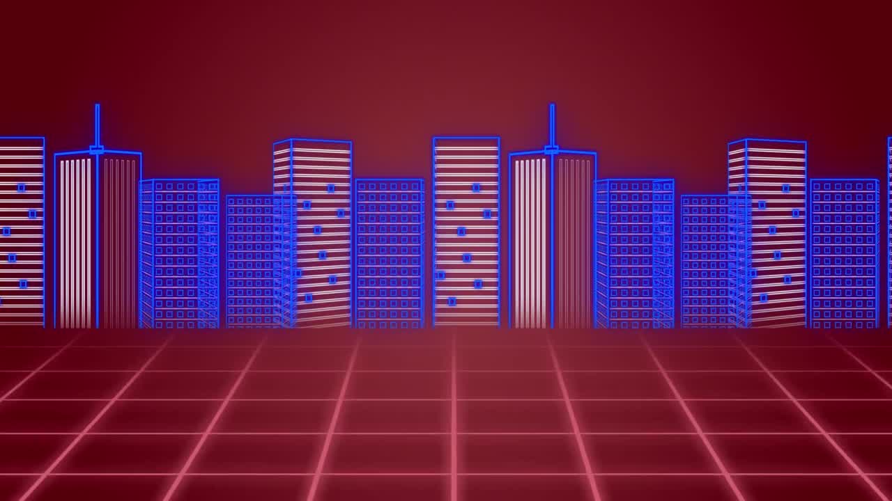 Animazione di paesaggio urbano 3D disegnato in blu, rosso e rosso