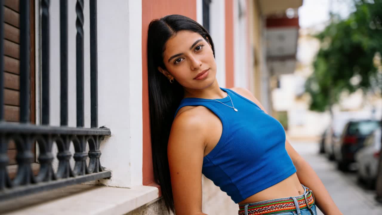 Donna con jeans e crop-top che si sporge, spostando lo sguardo, in posa per strada mentre la fotocamera ingrandisce mostrando un ciondolo.