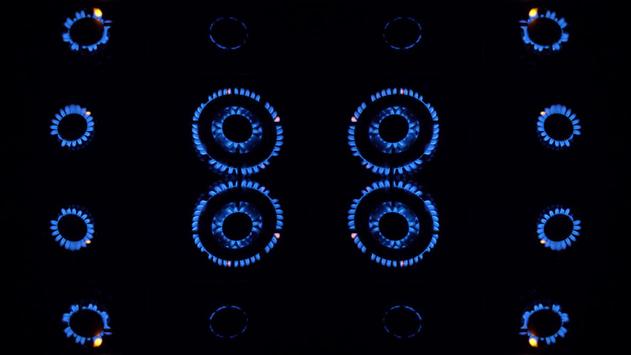 Gas Stove Turned On and Off with Blue Flames Fire in the Dark