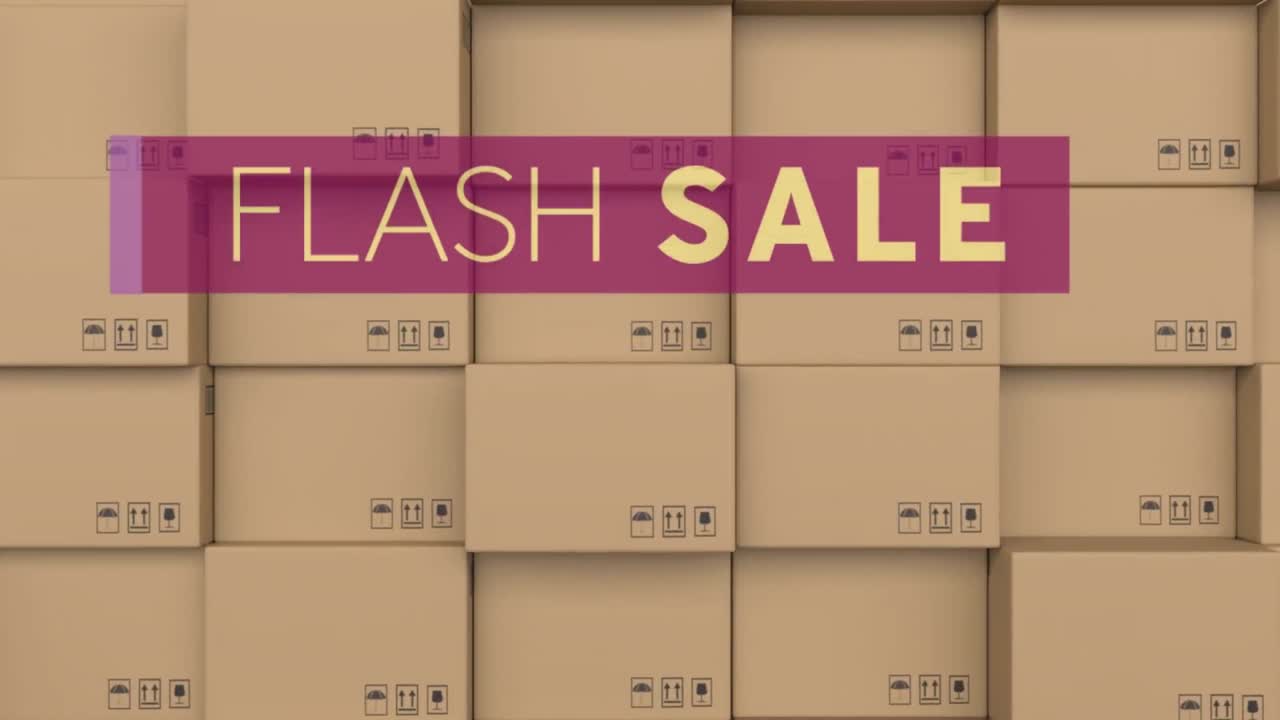 Animation of flash sale text over stack of cardboard boxes