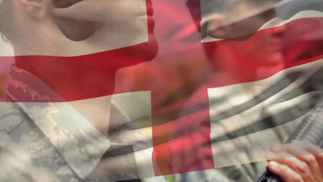 animation of flag of england over diverse soldiers