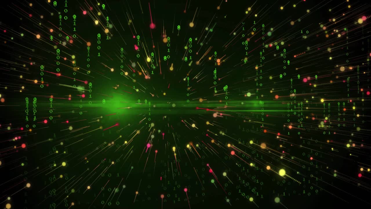 Digits cloud emitting data points streaking outward green lens flare pulsing showing digital tunnel