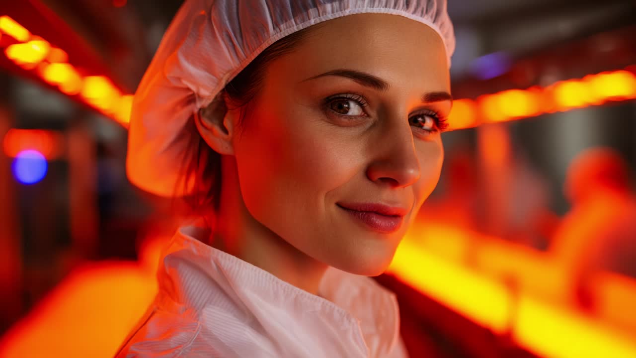 A Young Female Professional with a Surgical Cap and Lab Coat Features a Confident Smile in a Brightly Lit Laboratory Environment, Showcasing Focus and Dedication in Her Work