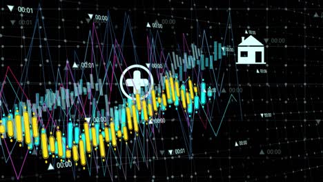 Animation-of-multiple-graphs-with-changing-numbers-over-icons-against-black-background