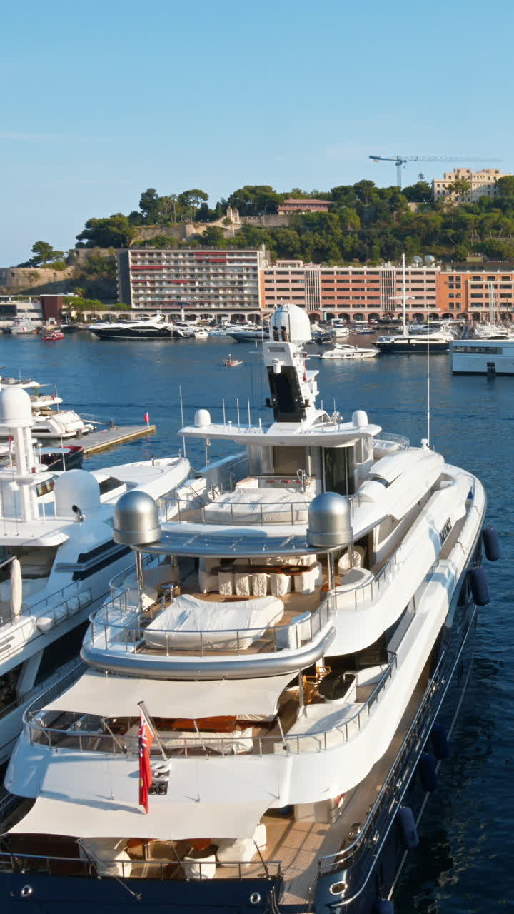 View of white boats docked in the Monaco Marina with the skyline of the city on the background. Vertical