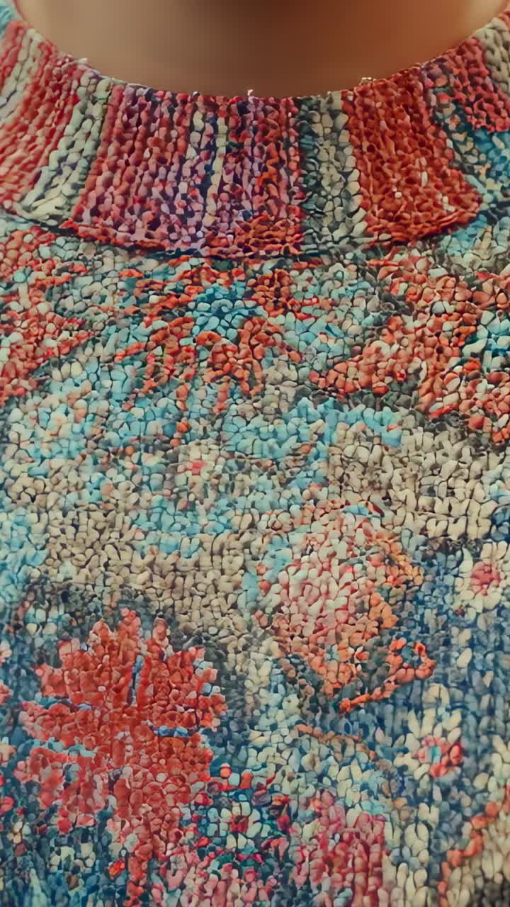 Vertical video: Camera starting on knit sweater collar in studio panning, tilting floral pattern
