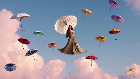 woman floating with umbrellas in a dreamy sky