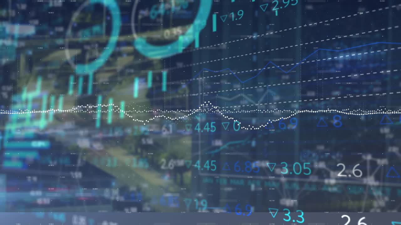 Animation of financial data processing over cityscape