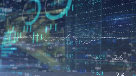 animation of financial data processing over cityscape