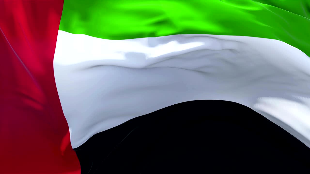 bandera de los emiratos árabes unidos en cámara lenta bandera clásica suave soplando en el viento en un día ventoso sol naciente fondo de bucle continuo de 4k