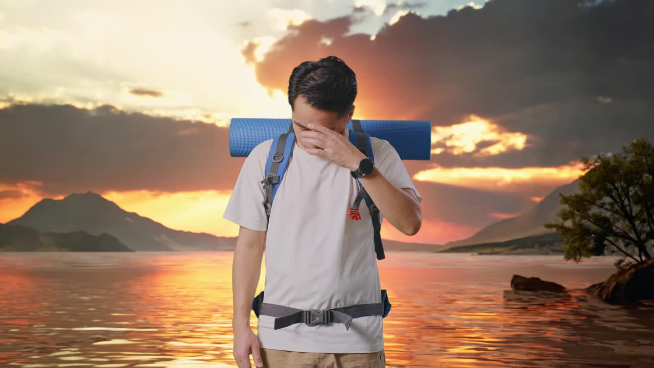 Asian Male Hiker With Mountaineering Backpack Having A Headache At A Lake