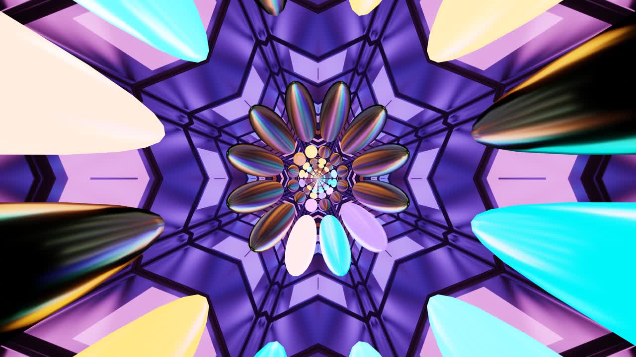 Dynamic visuals display a captivating arrangement of colorful geometric shapes radiating from a central point, creating an immersive experience perfect for screensavers or art installations