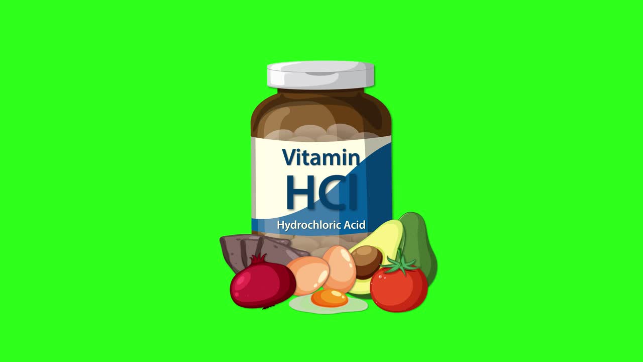 Vitamin bottle with assorted vegetables and eggs appears on green screen, smooth transitions, centered composition