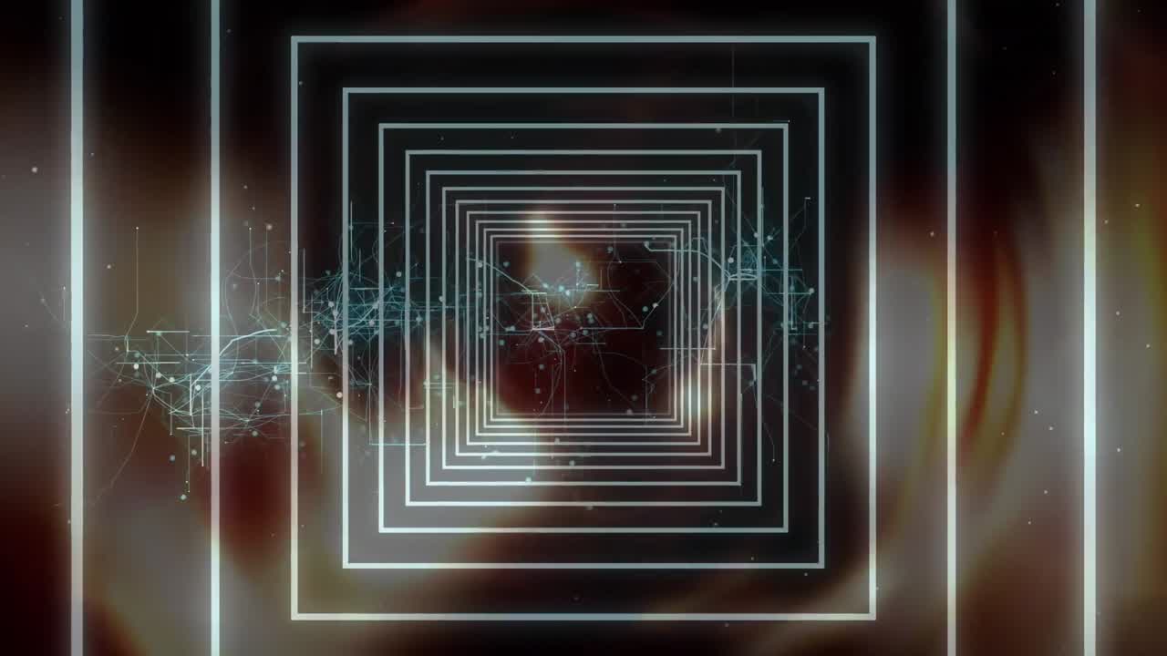 Animation of network of connections and digital tunnel on black background