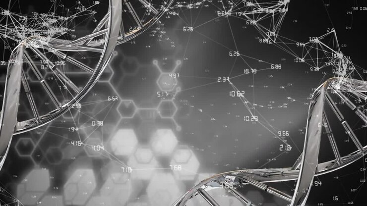 Animation of dna strand and data processing over dark background