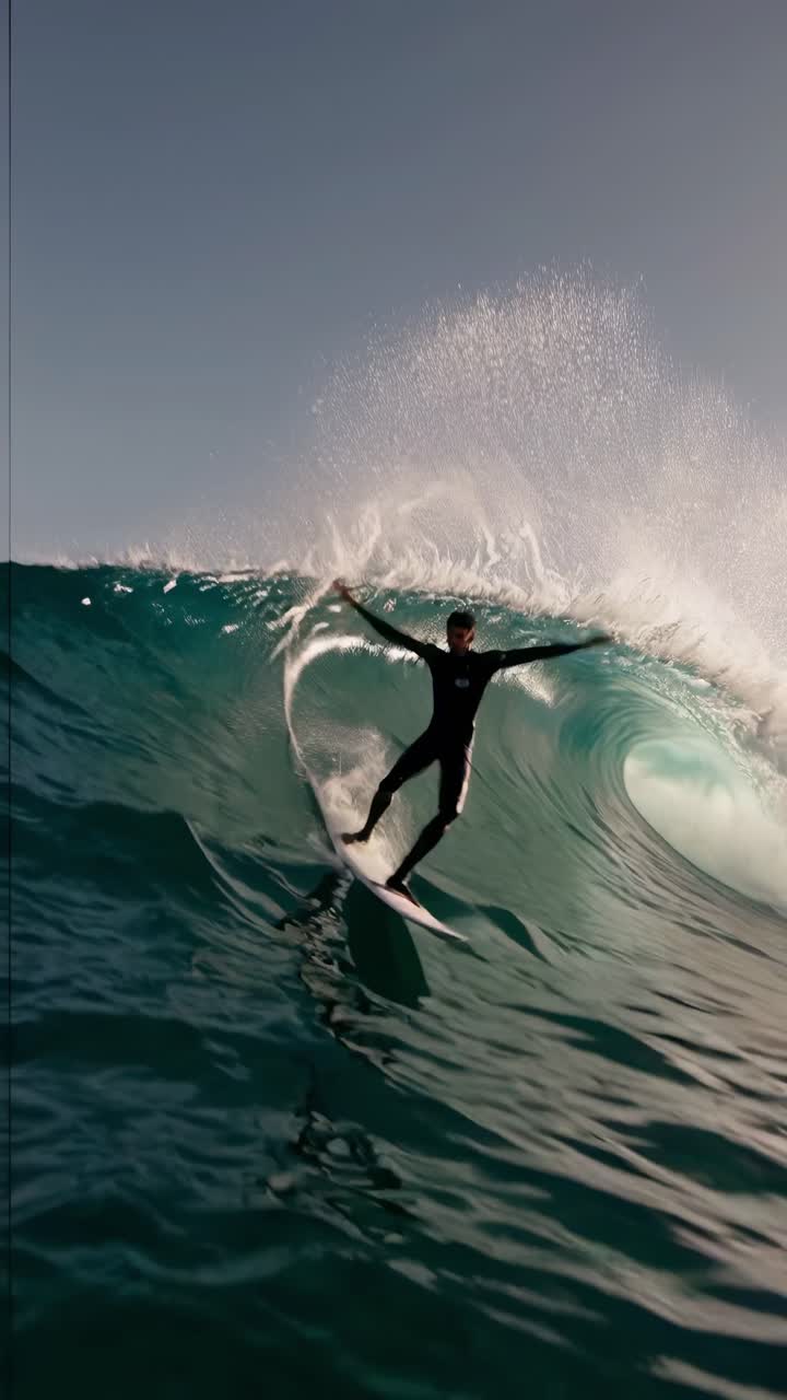 Dynamic surfing sequence capturing professional athlete riding ocean waves, performing skilled maneuvers on shortboard with exceptional agility and power