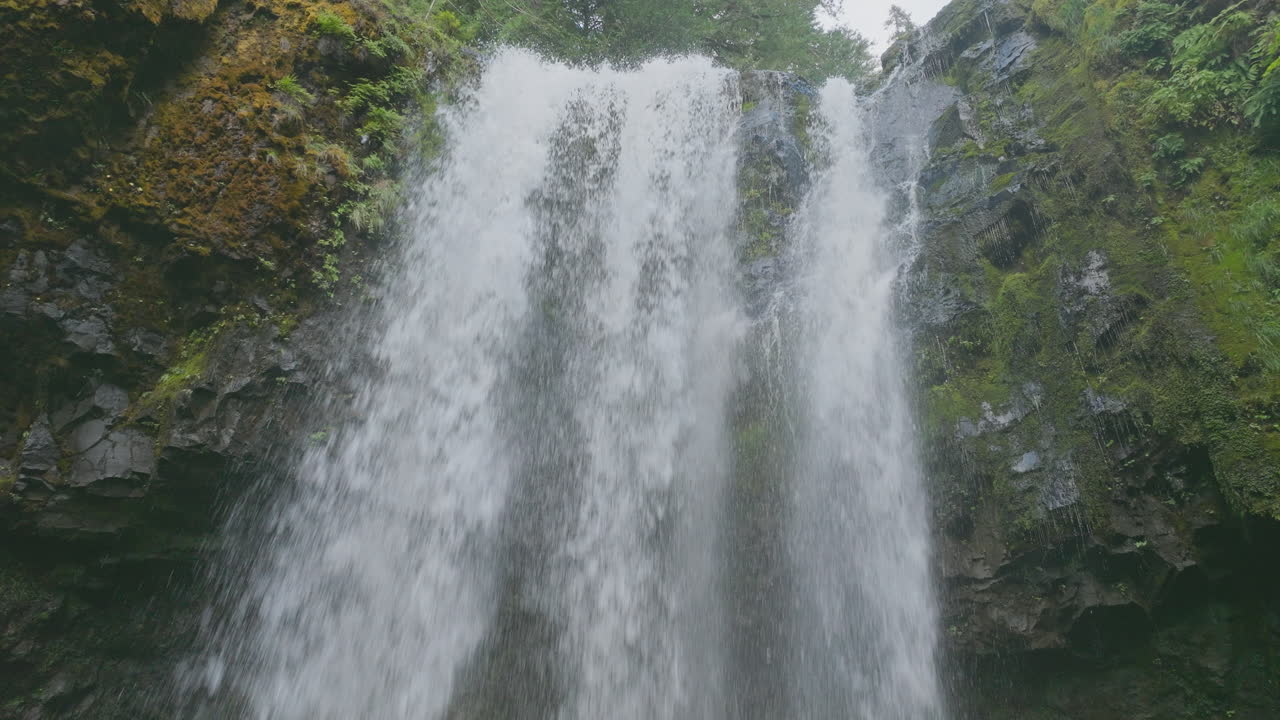 Face of cliff worn smooth by water of Falls Creek Falls in Gifford Pinchot National Forest, low angle static view.
