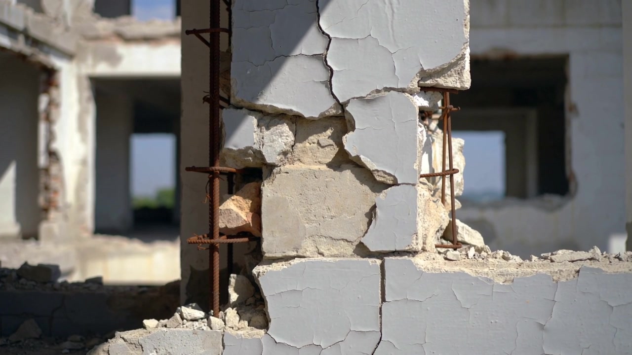 La telecamera si sposta rivelando una colonna di cemento danneggiata in un edificio demolito, che espone tondini arrugginiti.