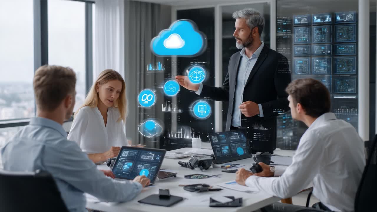 Team Collaboration in a High-Tech Meeting Room, Utilizing Cloud Technology and Data Analytics for Strategic Planning and Innovation Development