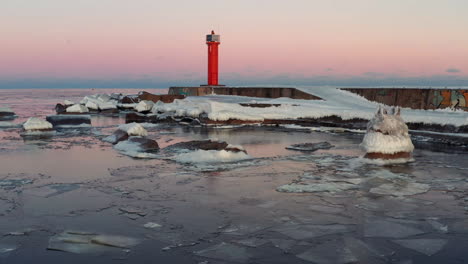 Icy-breakwater-and-lighthouse-at-sunset-coastline,-panning-drone-shot