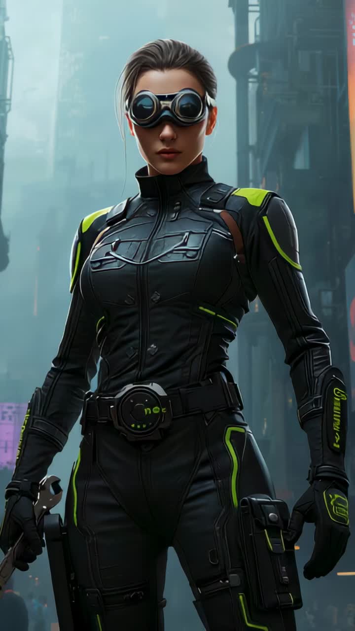 Vertical video: Posing agent in suit, goggles, camera zooming wide-to-head in fog alley for mission