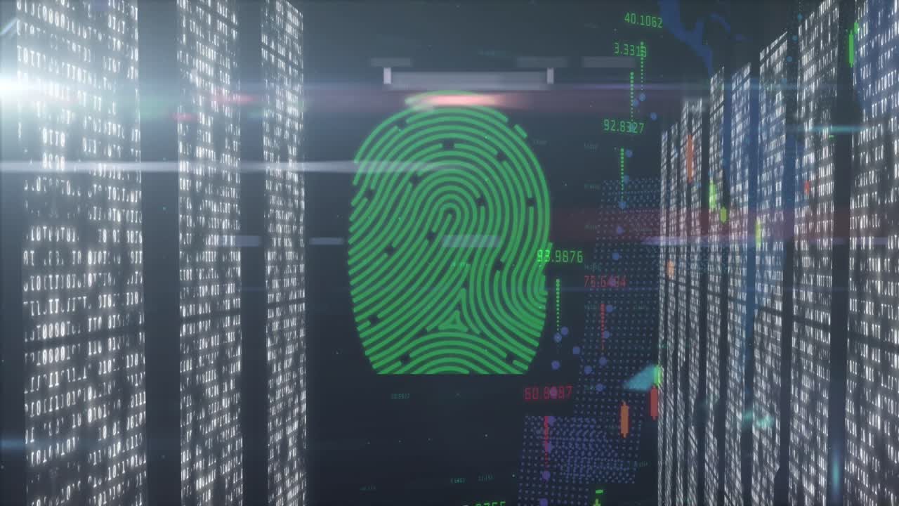 animación de huellas dactilares sobre el procesamiento de datos y puntos de luz