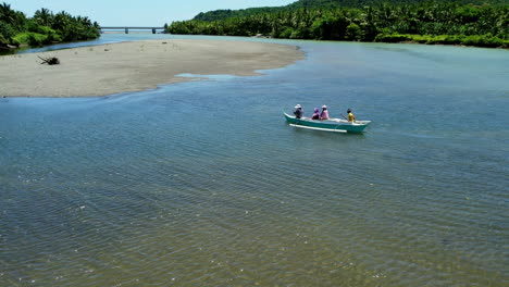 orbit shot of people enjoying trip in small boat in peaceful landscape, philippines