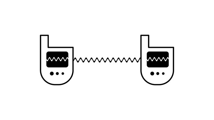 Dos radios walkie-talkie unidos por una animación de ondas, aislados sobre fondo blanco.