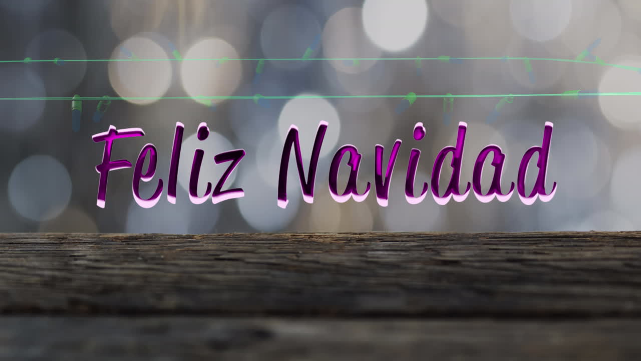 animación de texto de feliz navidad y luces de hadas en fondo de madera