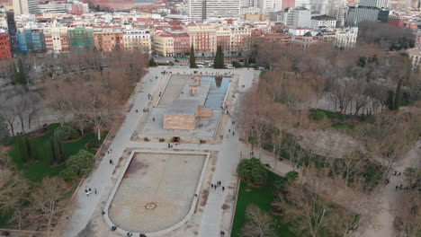 temple of debod in madrid with a drone