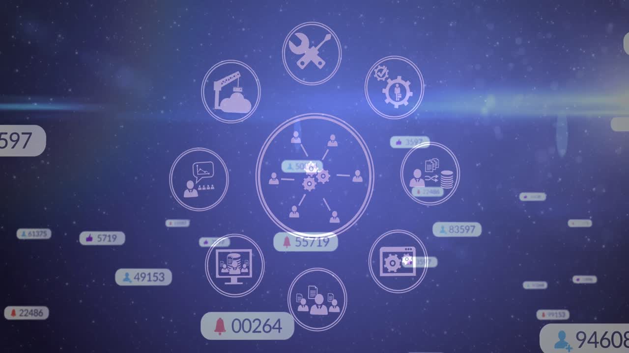 Animation of social media icons and numbers over purple background